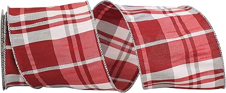 Reliant Ribbon Grand Plaid Dupione Sparkle Wired Edge Ribbon, 4 Inch X 10 Yards, Red/white