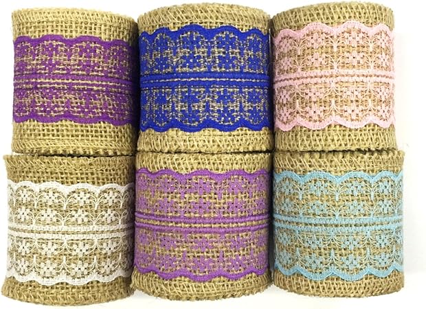 Wrapables® Hessian Burlap with Lace Ribbon 2.5 Inch Width x 2 Yards Length (Set of 6), Pink/Lavender/Purple/Sky Blue/Blue/White