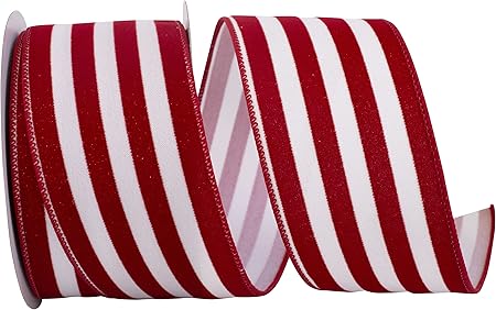 Reliant Ribbon 94033W-695-40F Striped Grande Velvet Sparkle Wired Edge Ribbon, 2-1/2 Inch X 10 Yards, Red/White