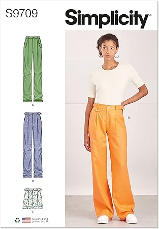 Simplicity Misses' High-Waisted Pants and Shorts Sewing Pattern Kit, Code S9709, Sizes 6-8-10-12-14, Multicolor