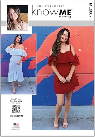 Know Me Misses' Off-The-Shoulder Ruffle Dresses Sewing Pattern Packet by The Stitch Fitz, Design Code ME2067, Sizes 6-8-10-12-14, Multicolor