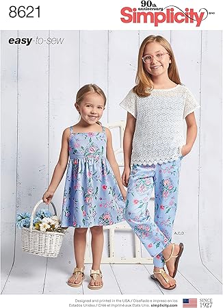 Simplicity US8621HH Easy to Sew Girl's Dress, Top, Camisole, and Pants Sewing Patterns, Sizes 3-6