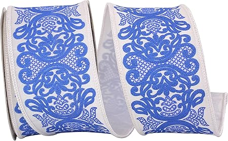 Reliant Ribbon 93861W-685-40F Regal Filigree Printed Dupioni Wired Edge Ribbon, 2-1/2 Inch X 10 Yards, White/Blue