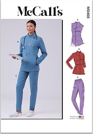 McCall's Misses' Zip-Front Jacket, Vest, and Slim Leg Pants Scrubs Sewing Pattern Packet, Design Code M8468, Sizes XS-S-M, Multicolor