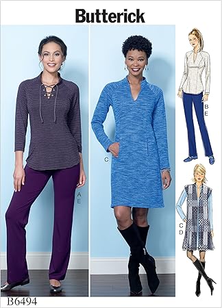 Butterick Patterns Misses' Knit Raglan Sleeve Tops And Dress, Vest, And Pull-On Pants, A5 (6-8-10-12-14)