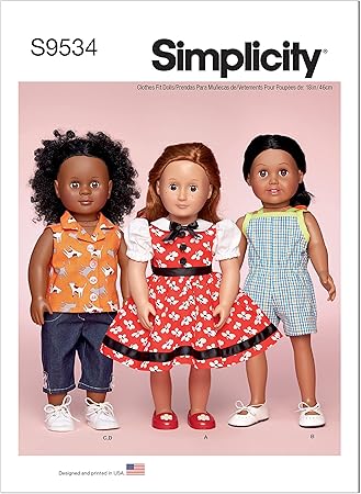 Simplicity Dress, Romper, Tank Top, and Denim Pants Doll Clothes Sewing Pattern Kit, Code S9534, One Size, Multicolor