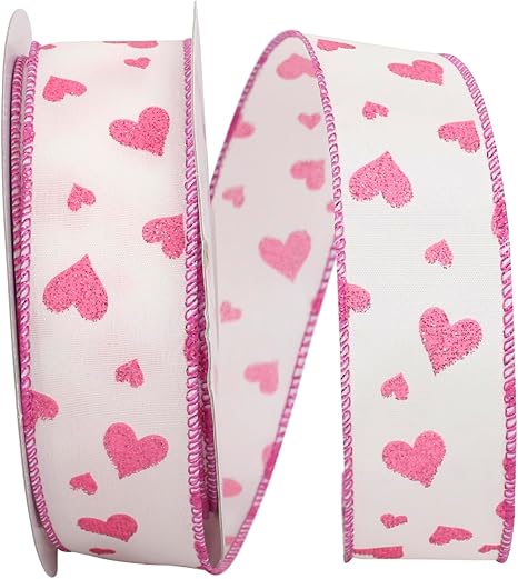 Reliant Ribbon Glitz Heart Wired Edge Ribbon, 1-1/2 Inch X 25 Yards, Shocking Pink