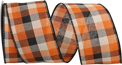 Reliant Ribbon Afternoon Tonal Plaid Wired Edge Ribbon, 2-1/2 Inch X 10 Yards, Orange/black