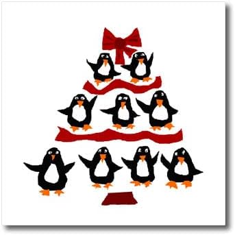 3D Rose Funny Penguins and Red Ribbons Christmas Tree Art Iron On Heat Transfer, 10 x 10, White