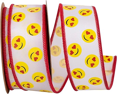 Reliant Ribbon Emoji Heart Eyes Wired Edge Ribbon, 1-3/8 Inch X 10 Yards, White/yellow