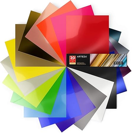 ARTEZA Heat Transfer Vinyl Sheets, 12 x 20 Inches, Pack of 20, Neon & Metallic, Flexible and Easy to Weed, HTV for DIY Projects