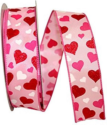 Reliant Ribbon 90429W-061-09J Hearts Floating Wired Edge Ribbon, 1-1/2 Inch X 25 Yards, Pink