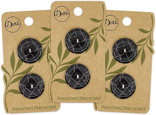 Dritz Round, 23mm, Black 6 Recycled Polyester Buttons, 23 mm, 6 Count