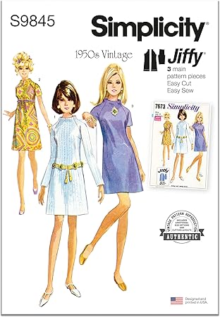 Simplicity Easy Misses' Vintage 1960's Collarless A-line Dress Sewing Pattern Packet, Sizes 18-20-22-24-26, Multicolor