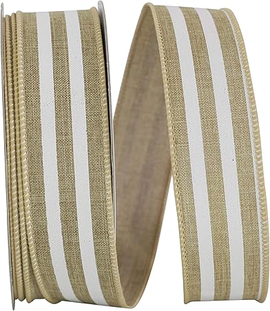 Reliant Ribbon Bold Stripe Linen Solid Wired Edge Ribbon, 1-1/2 Inch X 20 Yards, Natural