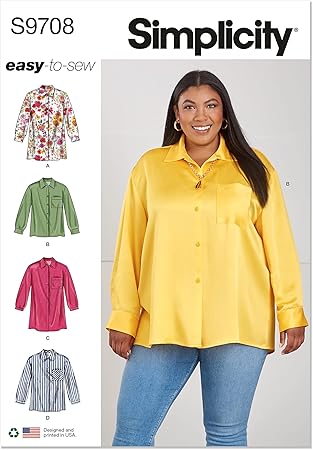 Simplicity Women's Relaxed Fit Shirts Sewing Pattern Kit, Code S9708, Sizes 30W-32W-34W-36W-38W, Multicolor