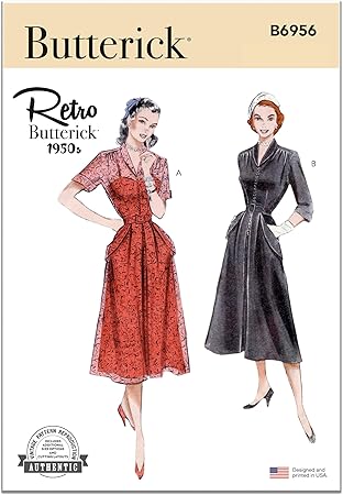 Butterick Misses' Vintage 1950's One Piece Dress Sewing Pattern Kit, Design Code B6956, 18-20-22-24-26, Multicolor