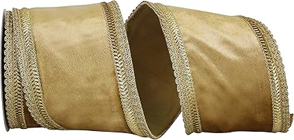 Reliant Ribbon Plush Velvet Trim Wired Edge Ribbon, 4 Inch X 5 Yards, Antique Gold