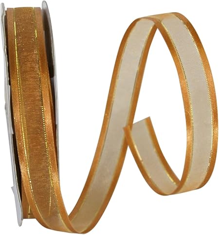 Reliant Ribbon Sheer Satin Edge Metallic Ribbon, 5/8 Inch X 25 Yards, Antique Gold