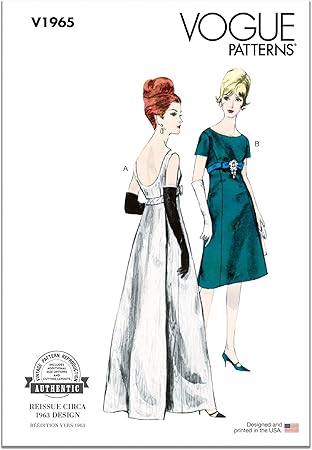 Vogue Vintage 1963 Misses' One Piece Evening Dress Sewing Pattern Kit, Design Code V1965, 8-10-12-14-16, Multicolor