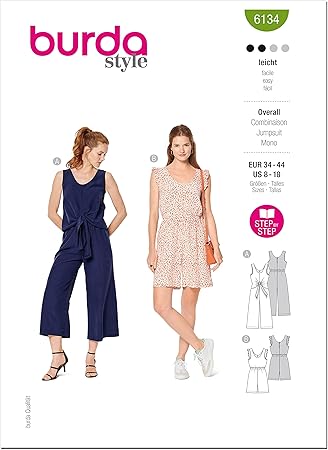 Burda Style Misses' Sleeveless Jumpsuit and Romper, Code 6134 Sewing Pattern Kit, Sizes 8-18, Multicolor