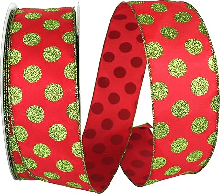 Reliant Ribbon Green Dot Glitter Value Wired Edge Ribbon, 2-1/2 Inch X 50 Yards, Red/Lime