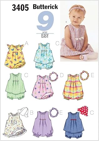 BUTTERICK PATTERNS B3405 Infants' Dress, Top, Romper, Panties, Hat & Headband, Size LRG (L-XL)