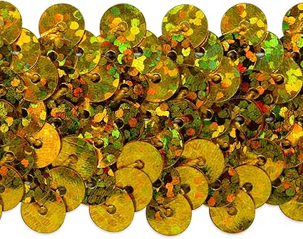 Trims by the Yard 3-Row Starlight Hologram Sequin Stretch Trim, 1 1/4-Inch Versatile Sequins for Crafts, Durable Sequin Trim for Costumes, Fashion, and Home Decor, Gold