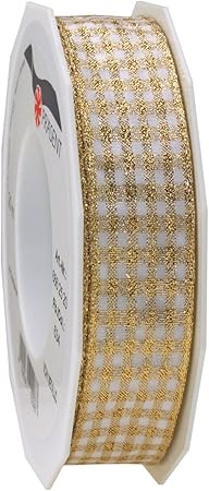 Morex Ribbon Vichy Metallic French Wired Polyester Ribbon, 1-Inch by 22-Yard, Metallic Gold, (66625/20-634)