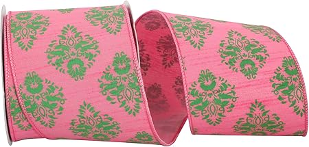 Reliant Ribbon Dupionie Florentine Wired Edge Ribbon, 4 Inch X 10 Yards, Pink/lime