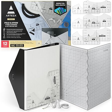 ARTEZA Fold & Stow Multifunctional Cutting Mat Set, 18x24 Inch, Self-Healing, Anti-Slip, with Detachable Ironing Pad, T-Shirt Alignment Rulers, and Tape Measure