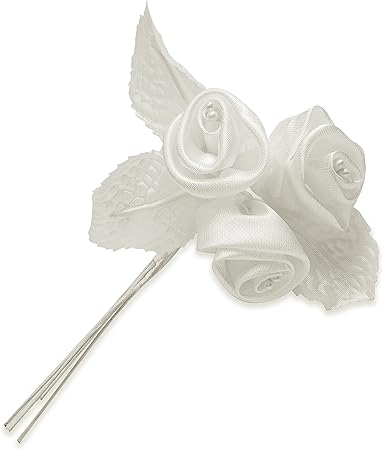 Expo International Vintage Bridal Satin Rose Buds with Leaves Stem Tulle, Ivory