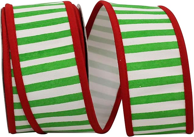 Reliant Ribbon Railroad Stripesd Deluxe Folded Red Heavy Wired Edge Ribbon, 2-1/2 Inch X 10 Yards, Green/white