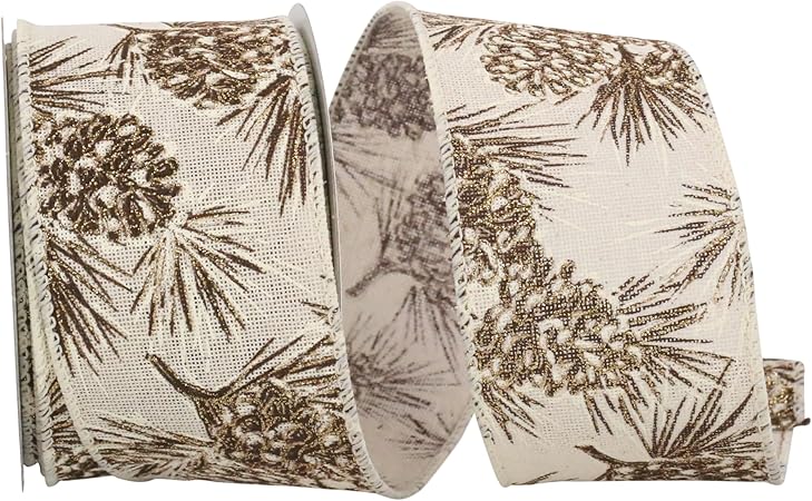 Reliant Ribbon Pinecone Glitter Outlines Linen Wired Edge Ribbon, 2-1/2 Inch X 10 Yards, Ivory