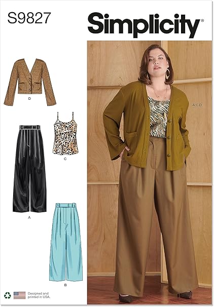 Simplicity Misses' Pleated Wide Leg Pants, Camisole and V-Neck Cardigan Sewing Pattern Kit, Design Code S9826, Sizes 20W-22W-24W-26W-28W, Multicolor