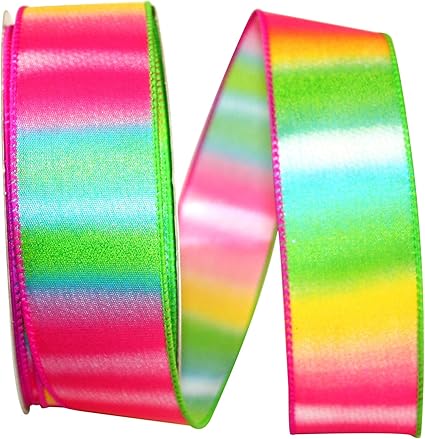 Reliant Ribbon Rainbow Railroad Stripe Wired Edge Ribbon, 1-1/2 Inch X 20 Yards, Multi