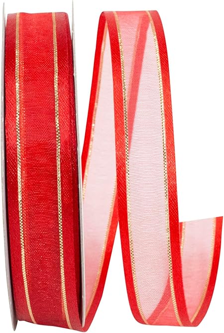 Reliant Ribbon 25205-065-03J Sheer Satin Edge Metallic Ribbon, 5/8 Inch X 25 Yards, Red