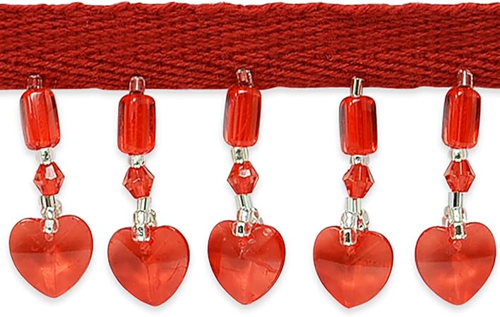 Trims by the Yard 10 Yards of Beaded Heart Fringe Trim | Red | (10 Yard Cut)