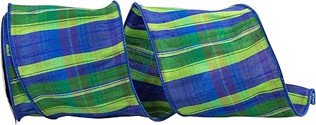 Reliant Ribbon 94136W-319-10F Rainforest Dupioni Plaid Wired Edge Ribbon, 4 Inch X 10 Yards, Blue/Green