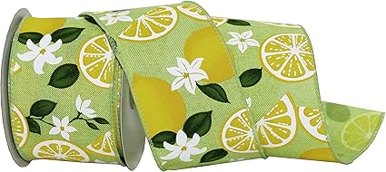 Morex Ribbon Wired Taffeta Lemons & Blooms Ribbon, 2.5 inch by 10 yards, Lime, 7564.60/10-027