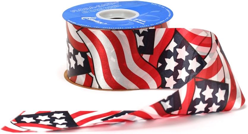 Berwick AAJ4076 2-3/8-Inch Wide by 50-Yard Spool Glory Flag Print Flora Satin Craft Ribbon, Red/White/Blue