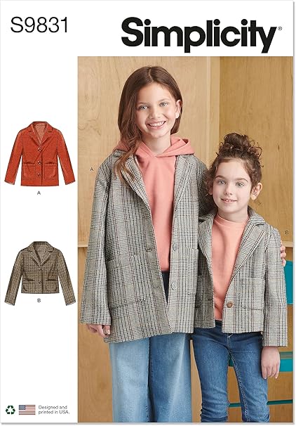 Simplicity Children's and Girls' Relaxed Fit Lined Jacket Sewing Pattern Kit, Design Code S9831, Sizes 7-8-10-12-14, Multicolor