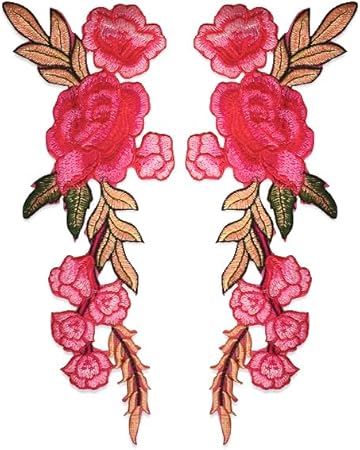 Expo International Xyla Bright Iron On Embroidered Flower Pair Patches/Appliques, Pink