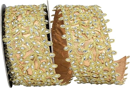 Reliant Ribbon Jewel Embroidery Gold Opulence Deluxe Dupioni Backed Wired Edge Ribbon