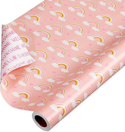 American Greetings 175 sq. ft. Reversible Wrapping Paper for Baby Showers, Kid's Birthdays and All Occasions, Rainbows and Hearts (1 Roll, 30 in x 70 ft.)