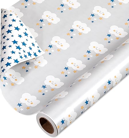 American Greetings 175 sq. ft. Reversible Wrapping Paper for Baby Showers, Birthdays and All Occasions, Clouds and Stars (1 Roll, 30 in x 70 ft.)