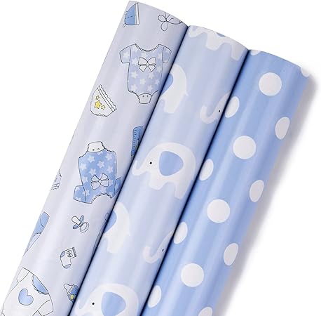 MAYPLUSS Blue Elephant Baby Shower Wrapping Paper - 17