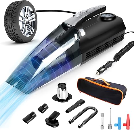 4-in-1 Handheld Car Vacuum Cleaner, 7000Pa Portable Car Vacuum with Digital Tire Pressure Gauge LCD Display and LED Light, 12V Tire Inflator Air Compressor Pump, 15FT Cord & Bag