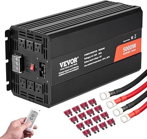 VEVOR Modified Sine Wave Inverter, 5000W, DC 12V to AC 120V Power Inverter with 6 AC Outlets 2 USB Port 1 Type-C Port, LCD Display and Remote Controller for High Load Home Appliances, CE FCC Certified