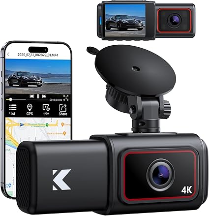 Kingslim D6-4K Dual Dash Cam - WiFi & GPS 4K Front and 1080P Inside Type-C Uber Car Camera with Super Night Vision and 24-Hour Parking Monitor, 3 Channel Dash Cam Optional, Black